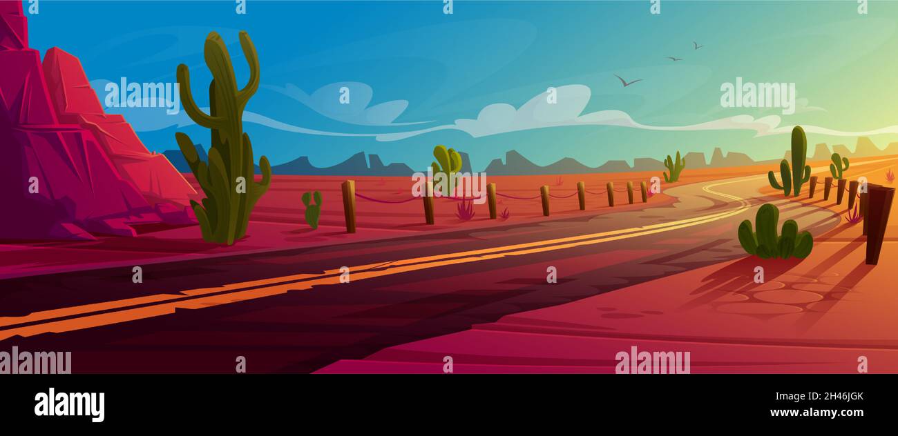 Arizona Wüstenlandschaft mit Asphaltstraße, Felsen und Kakteen. Wild West Highway in American Canyon, heißer Sand verlassene Land mit orangefarbenen Bergen. Sommer westlichen Hintergrund, Cartoon-Vektor-Illustration Stock Vektor