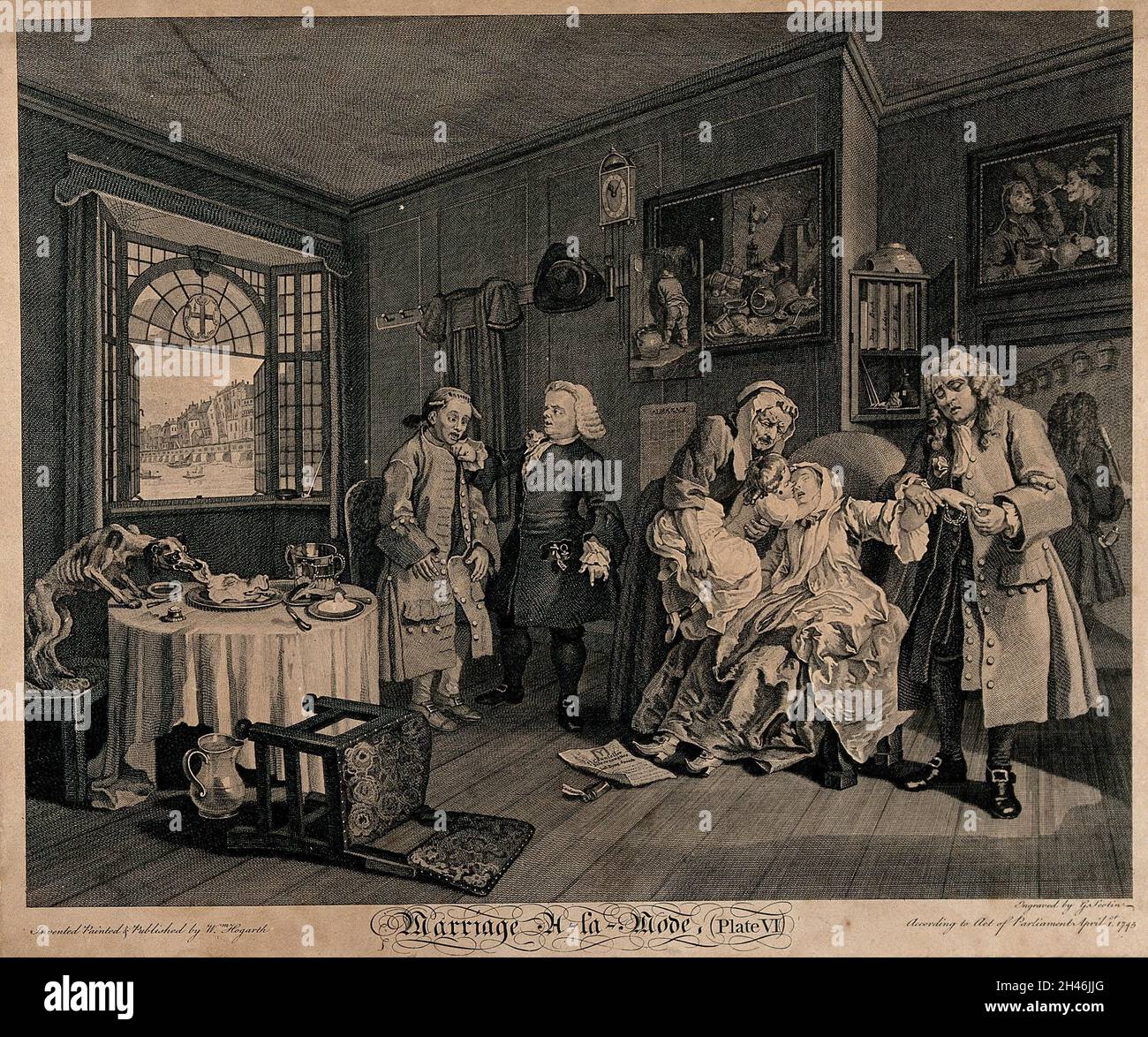 Die Gräfin, die eine Dosis Laudanum eingenommen hat, steht dem Tod nahe und wird von ihrem kränklichen Kind geküsst, das von einer älteren Magd an sie gehalten wird; ihr Vater rutscht ihren Ring vom Finger. Stich von Louis Gérard Scotin nach William Hogarth, 1745. Stockfoto