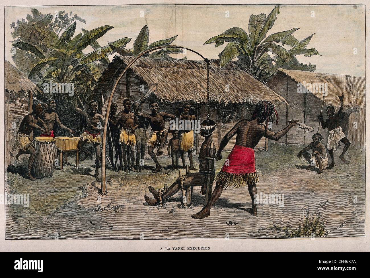 Eine Ba-yanzi-Hinrichtung, bei der der Kopf des Opfers in einer Vorrichtung festgehalten wird, die bei Enthauptung den Kopf in die Luft katapultiert und den Rumpf am Boden festhält. Kolorierter Holzstich nach E.J. Glave und H. ward. Stockfoto