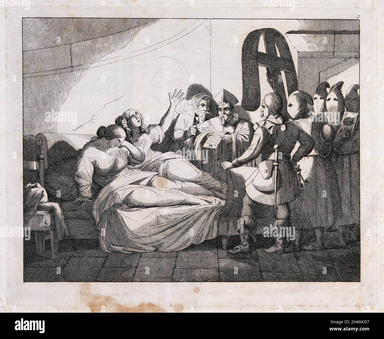 Beatrice Cenci und ihre Stiefmutter, die im Gefängnis in Rom im Bett sitzen, hören, wie ihr Mandat zur Hinrichtung von einem päpstlichen Gesandten in Begleitung von Mitgliedern einer Bruderschaft des heiligen Johannes des Täufers vorgelesen wird. Ätzen, ca. 1850. Stockfoto