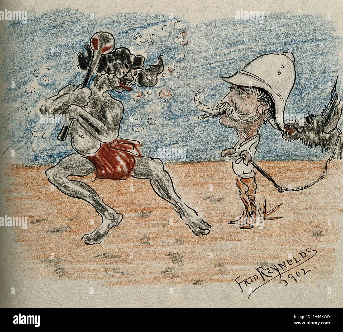 Henry Solomon Wellcome. Federzeichnung und Farbstift von F. Reynolds, 1902. Stockfoto