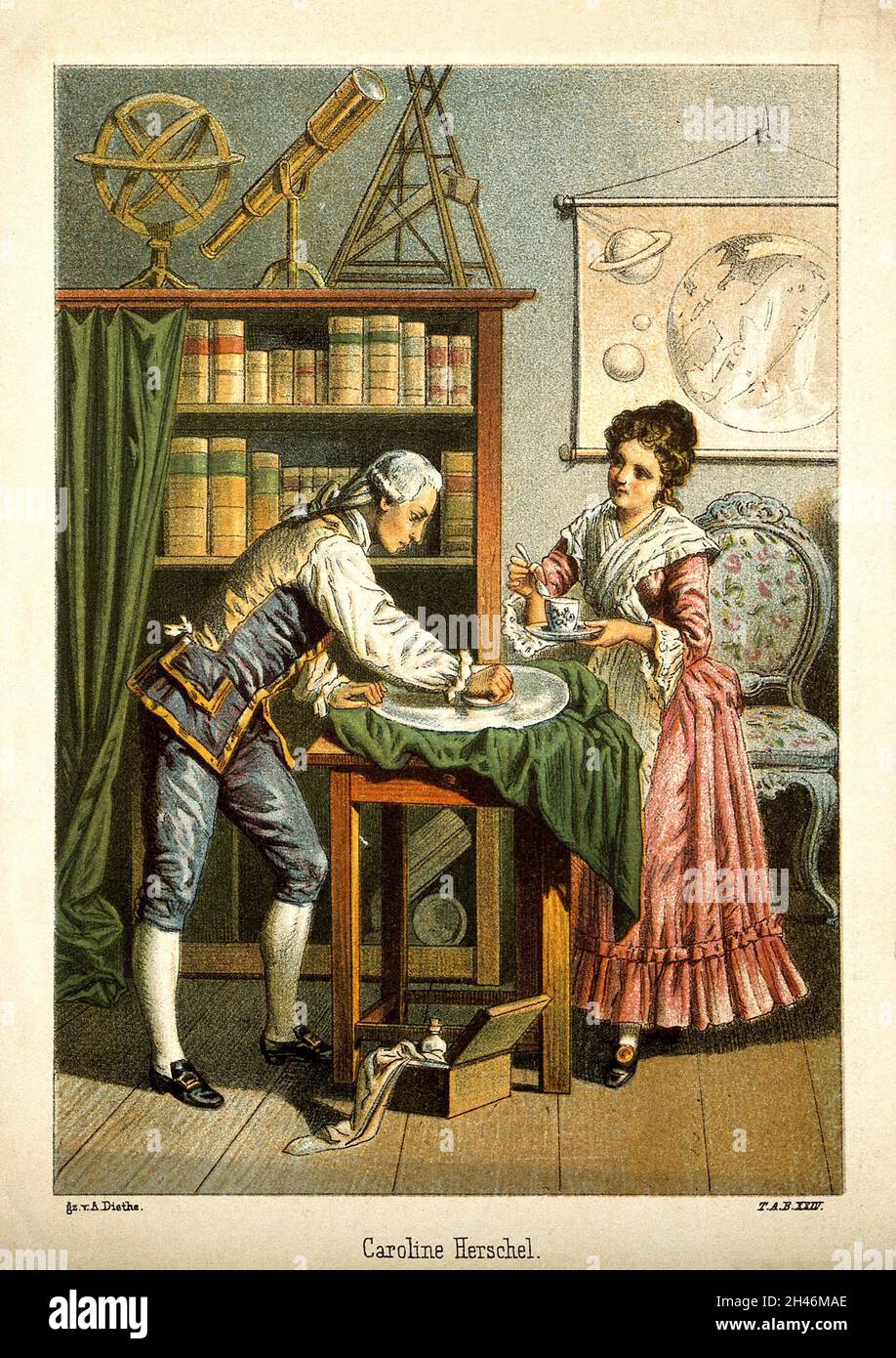 Sir William Herschel und Caroline Herschel. Farblithographie von A. Diethe, ca. 1896. Stockfoto