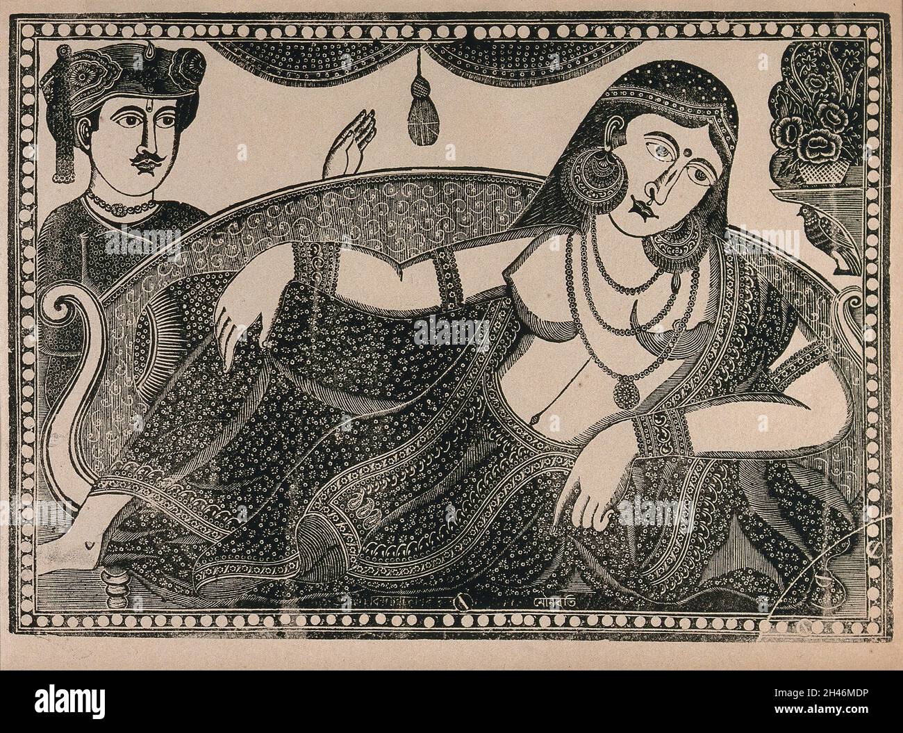 Eine Dame liegt auf einem Kissen, das von einem Mann besucht wird. Stich eines indischen Künstlers, 18--. Stockfoto Eine Dame liegt auf einem Kissen, das von einem Mann besucht wird. Stich eines indischen Künstlers, 18--. Stockfoto