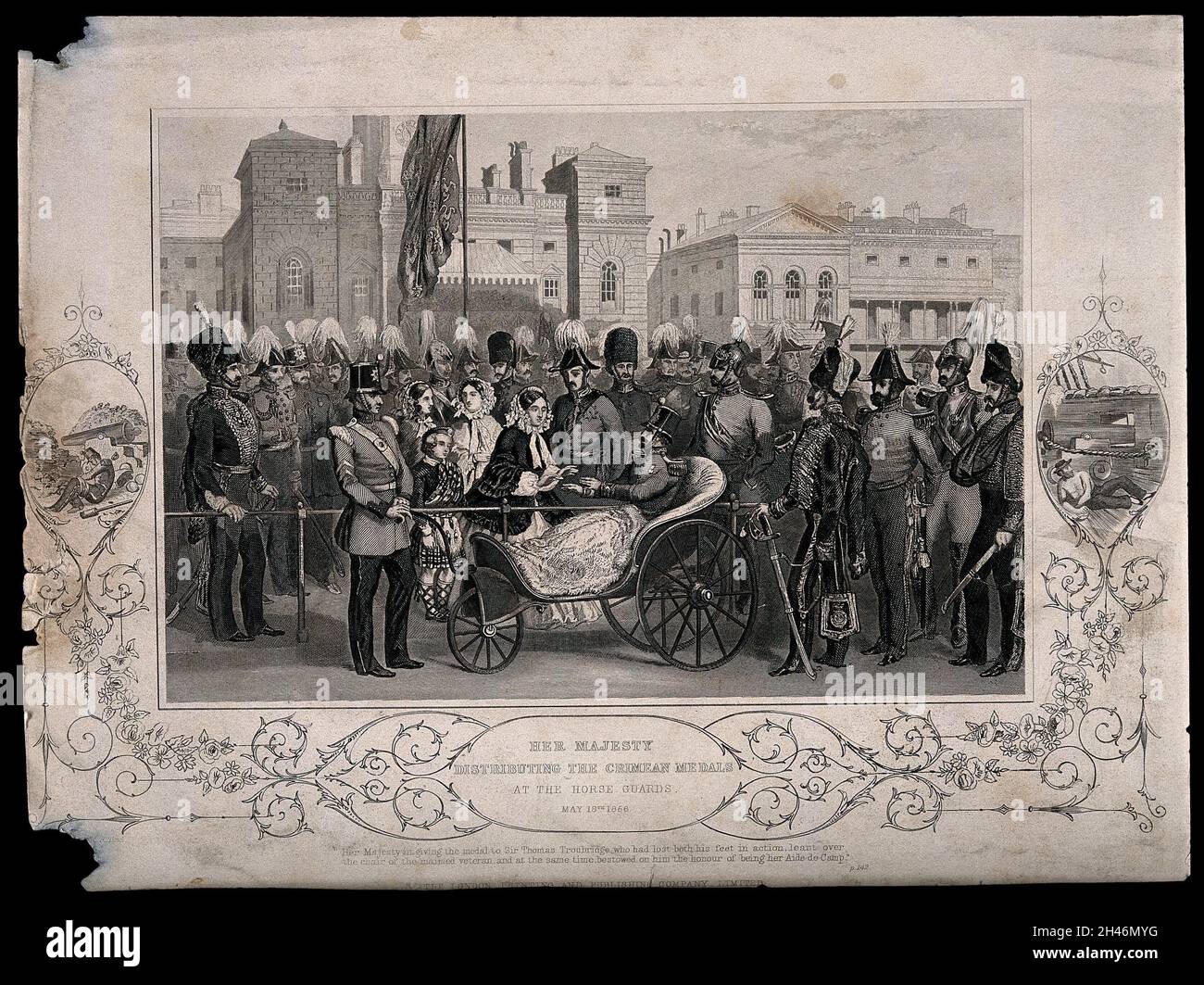 Krimkrieg, England: Königin Victoria verteilt Medaillen des Krimkrieges. Liniengravur, 1856. Stockfoto