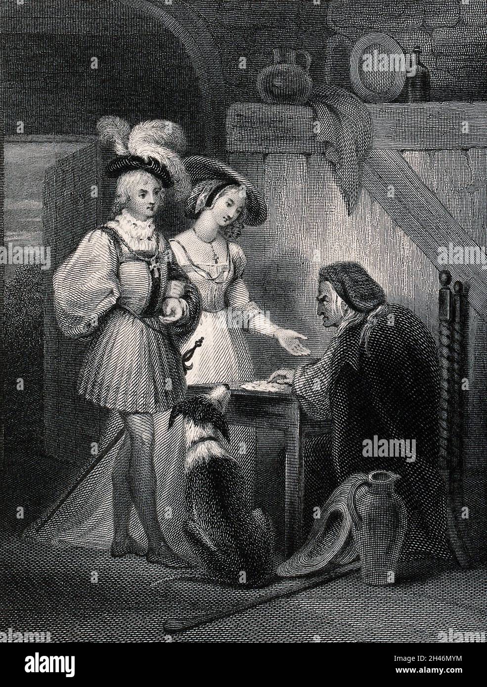 Ein junges Paar besucht einen Wahrsager, um seine Zukunft vorhersagen zu lassen. Stich von Charles Rolls nach Alfred Johannot. Stockfoto