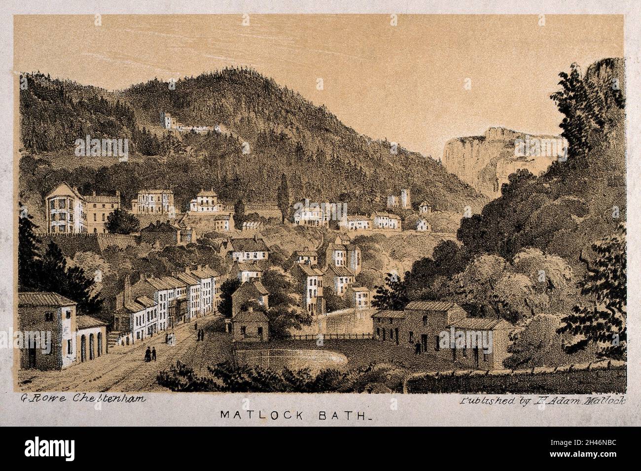 Matlock Bath, Derbyshire: Panoramablick. Getönte Lithographie von G. Rowe. Stockfoto
