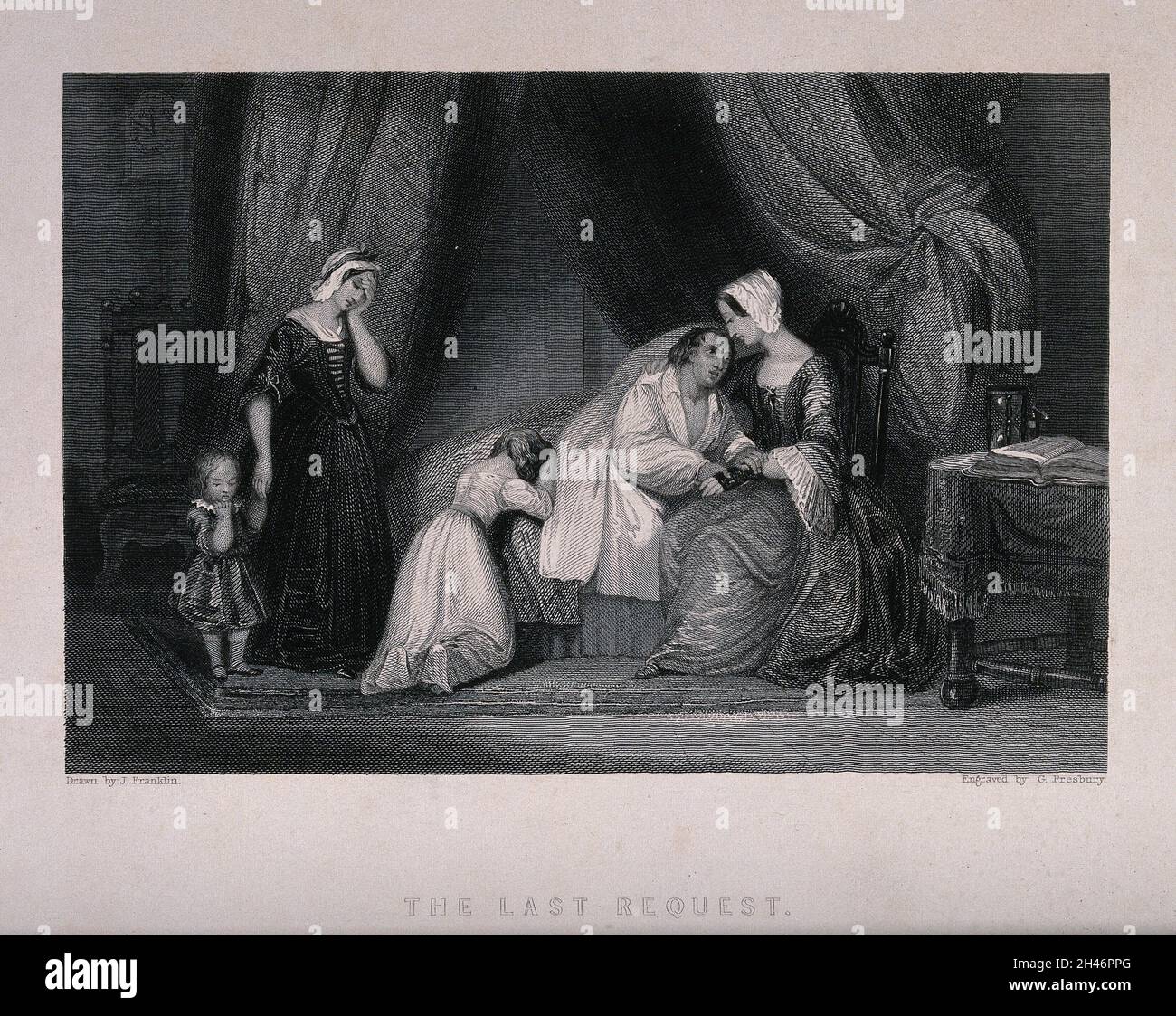 Ein sterbender Mann ist von seiner Familie umgeben. Stich von G. Presbury nach J. Franklin, 1838. Stockfoto