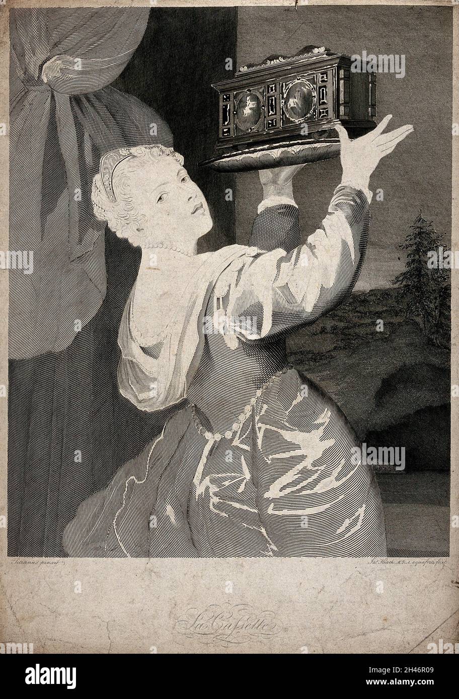 Eine junge Frau hält einen Sarg auf einem Teller hoch, während sie über ihre Schulter zurückblickt. Radierung von J. Heath, 1815, nach Tizian. Stockfoto