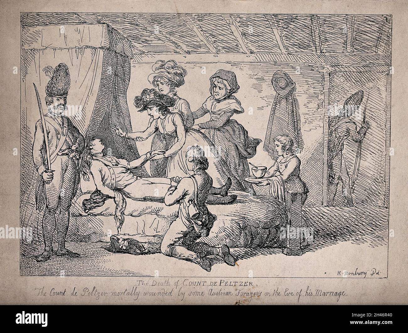 Graf de Peltzer liegt tödlich verwundet auf seinem Bett, in Anwesenheit seiner Verlobten Mlle de Benskow, ihrer Mutter und ihres Bruders und eines Jungen, der dem Sterbenden Suppe bringt. Radierung nach H.W. Bunbury. Stockfoto