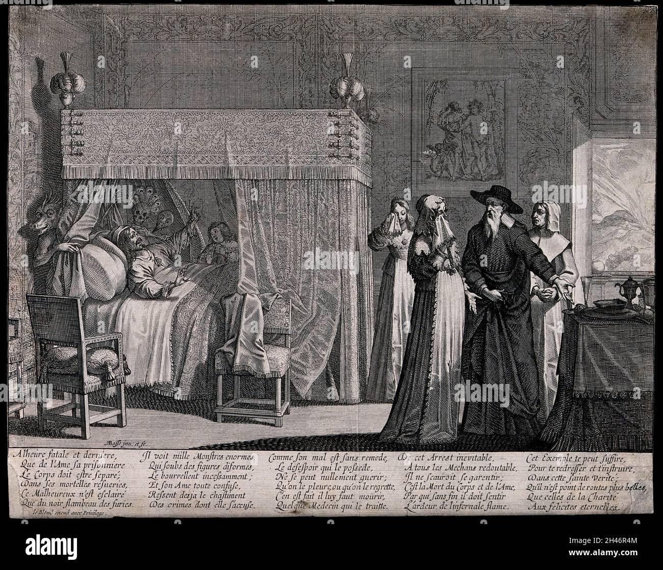 Ein sterbender Mann liegt im Bett und erkennt, dass der Arzt ihn nicht heilen kann. Radierung von Abraham Bosse. Stockfoto