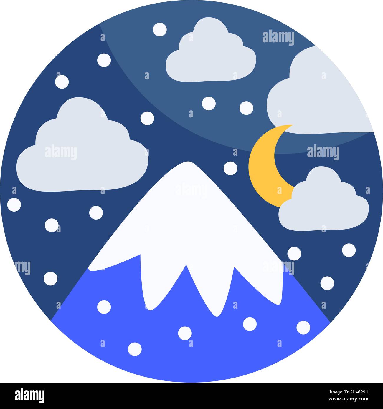 Ein Berg bei Nacht bedeckt mit Schnee, Illustration, Vektor, auf weißem Hintergrund. Stock Vektor