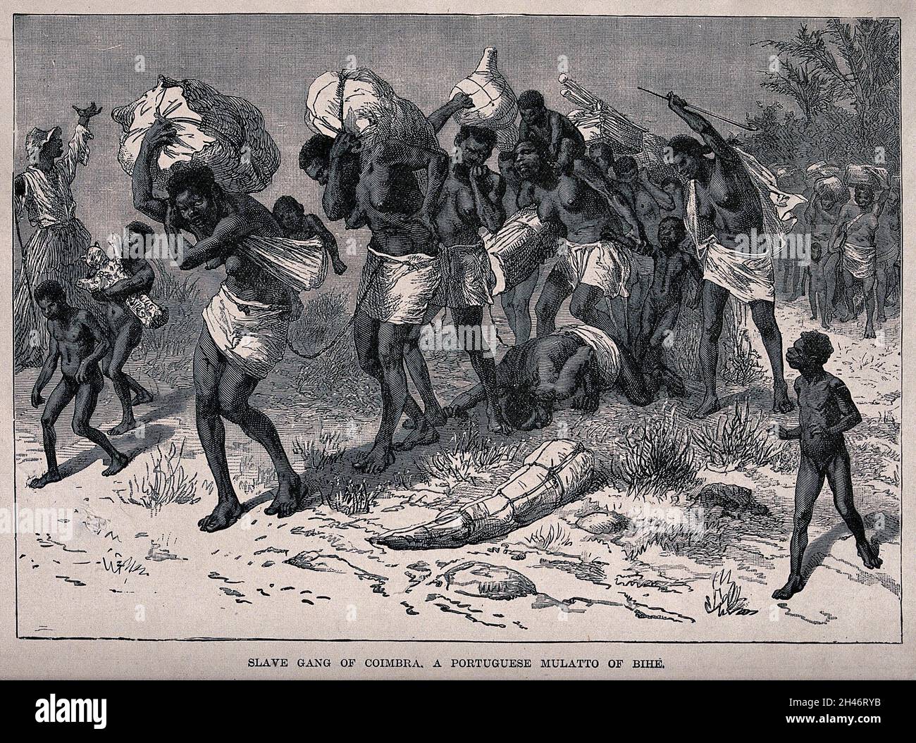 Konvois weiblicher Sklaven, mit Kindern, offenbar in Afrika, verkettet und mit schweren Bündeln. Holzstich. Stockfoto