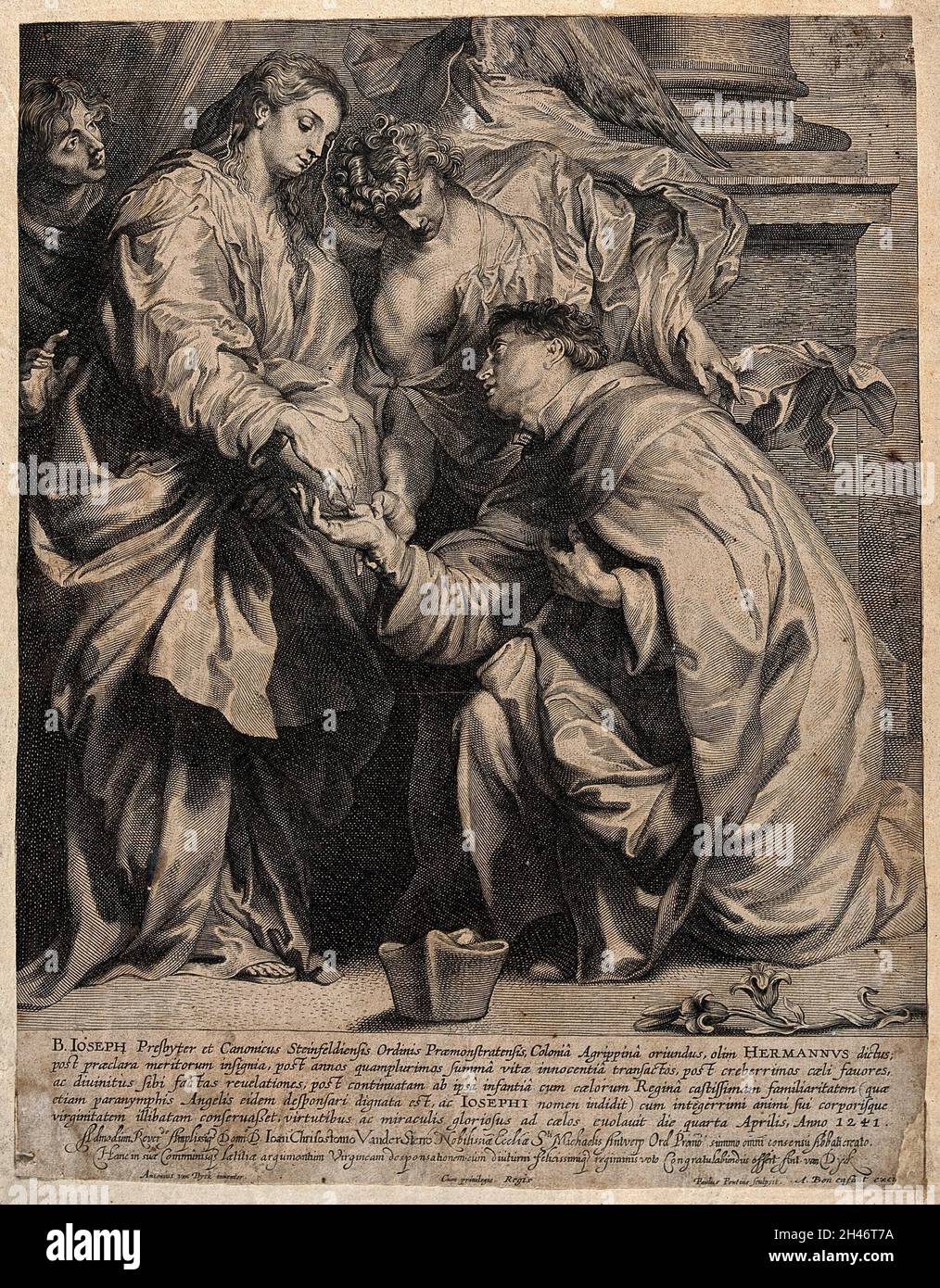 Der Selige Herman Joseph. Linienstich von P. Pontius nach Sir A. van Dyck. Stockfoto