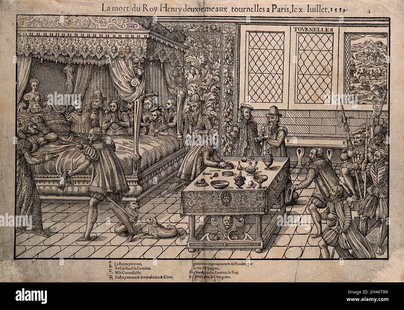 König Heinrich II. Von Frankreich auf seinem Sterbebett, mit Mitgliedern der königlichen Familie und des königlichen Haushalts in Anwesenheit. Holzschnitt. Stockfoto