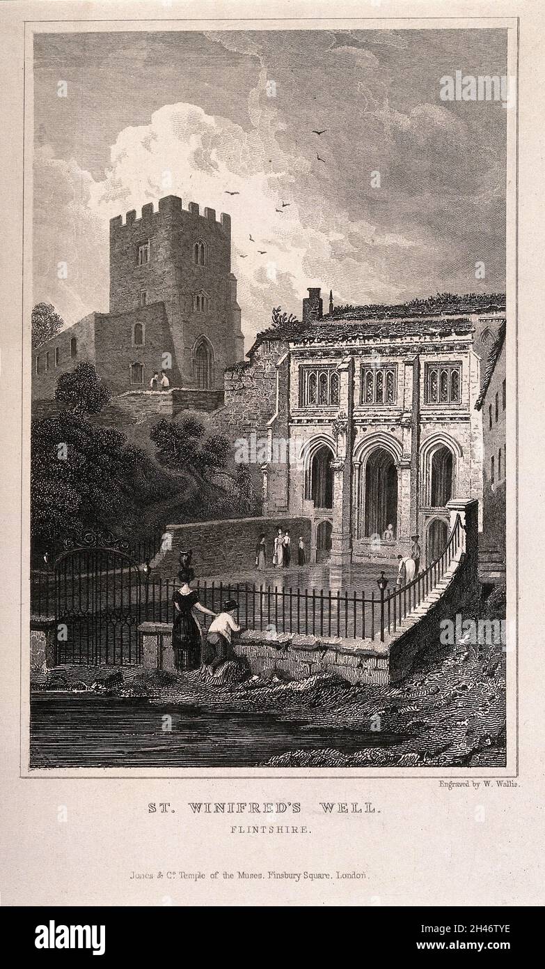 St. Winifred's Well, Flintshire, Wales. Linienstich von W. Wallis. Stockfoto