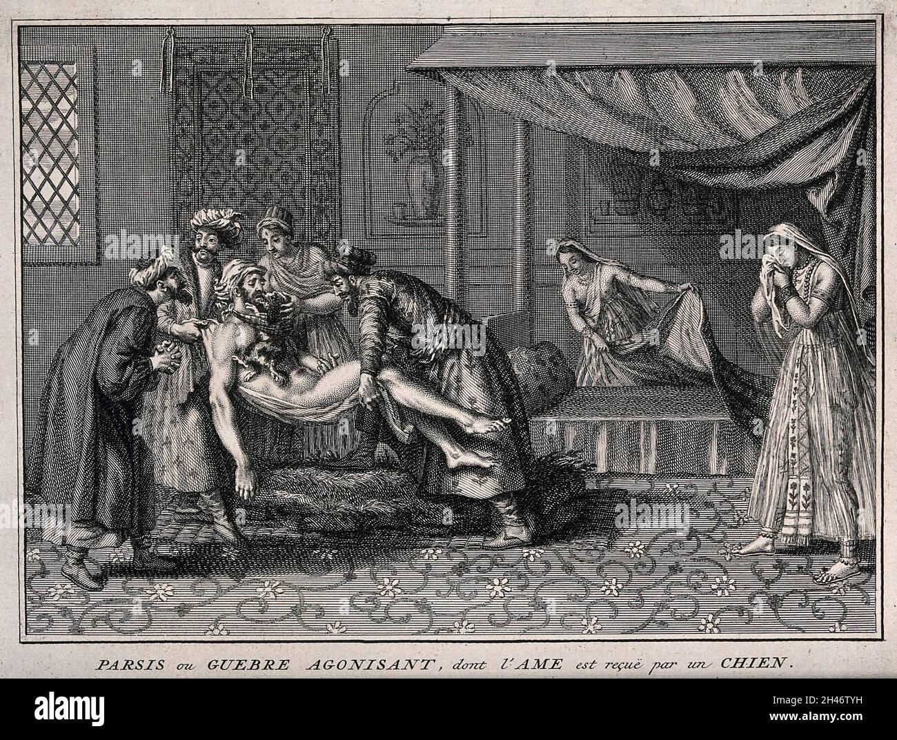 Ein sterbender Parsee mit einem kleinen Hund, der mit seiner Schnauze an seinen Mund gehalten wurde, um seine abgehende Seele zu empfangen. Stich, der C. du Bosc nach B. Picart zugeschrieben wird, ca. 1730. Stockfoto
