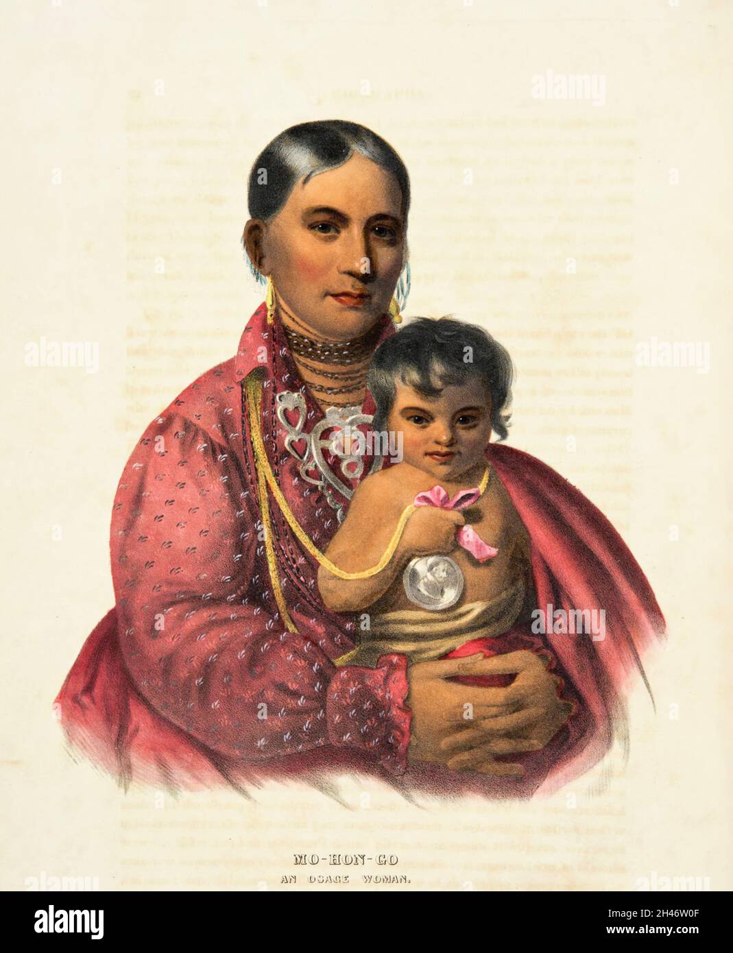 Mo-Hon-Go eine Osage-Frau mit Baby aus dem Buch "Geschichte der Indianerstämme Nordamerikas mit biografischen Skizzen und Anekdoten der Hauptchefs. Band 1 von 3 von Thomas Loraine, McKenney und James Hall Esq. Veröffentlicht im Jahr 1838 Stockfoto