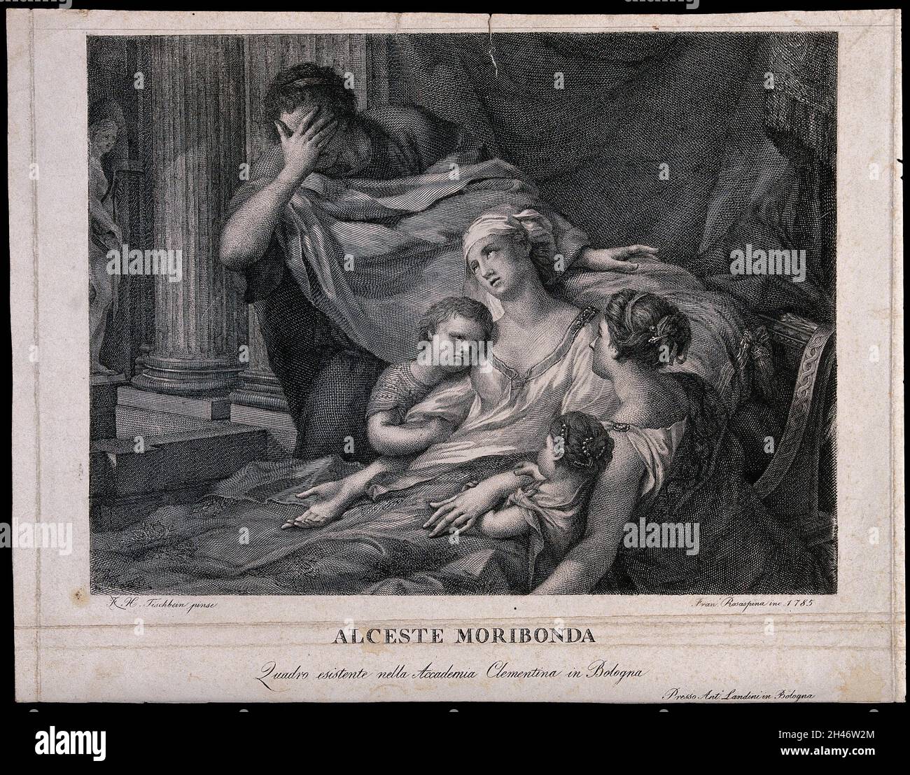 Die sterbende Alcestis ist von ihrer Familie umgeben. Stich von Francesco Rosaspina nach J.H. Tischbein, 1785. Stockfoto