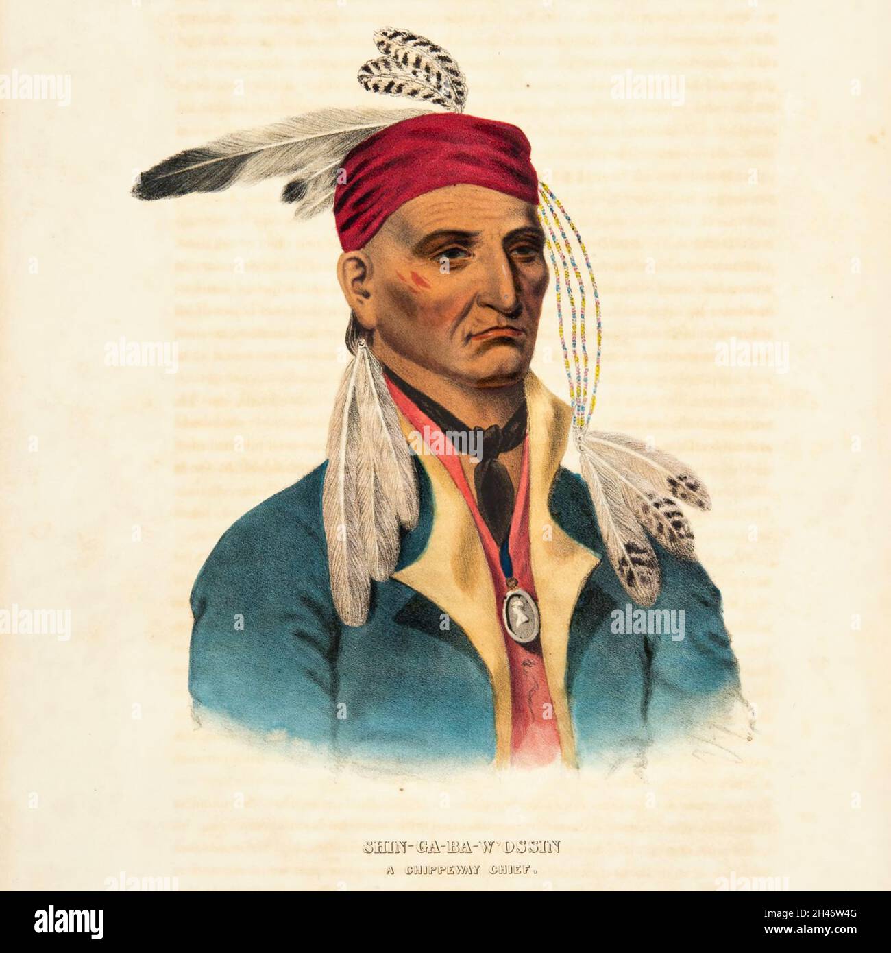 Shin-GA-Ba-W'ossin ein Chippeway-Chef [Chief Shingabawossin wurde um 1763 geboren. Er war der Enkel von Gi-Chi-o-jee-de-bun und der älteste der neun Söhne der Familie von NAID-o-sa-gee, die aus insgesamt etwa 20 Kindern von vier Frauen bestand. Der Chef Shingabawossin hatte eine Frau und zwölf Kinder. Er nahm an der Schlacht von St. Croix Falls 1783 unter der Führung von La Pointe Chief Waubojeeg Teil. Während des Krieges von 1812 wurde er von den Briten zum Kampf gegen die Amerikaner aufgenommen und ging nach York, um Tecumseh's war] aus dem Buch "Geschichte der indischen Stämme Nordamerikas mit Biograph beizutreten Stockfoto