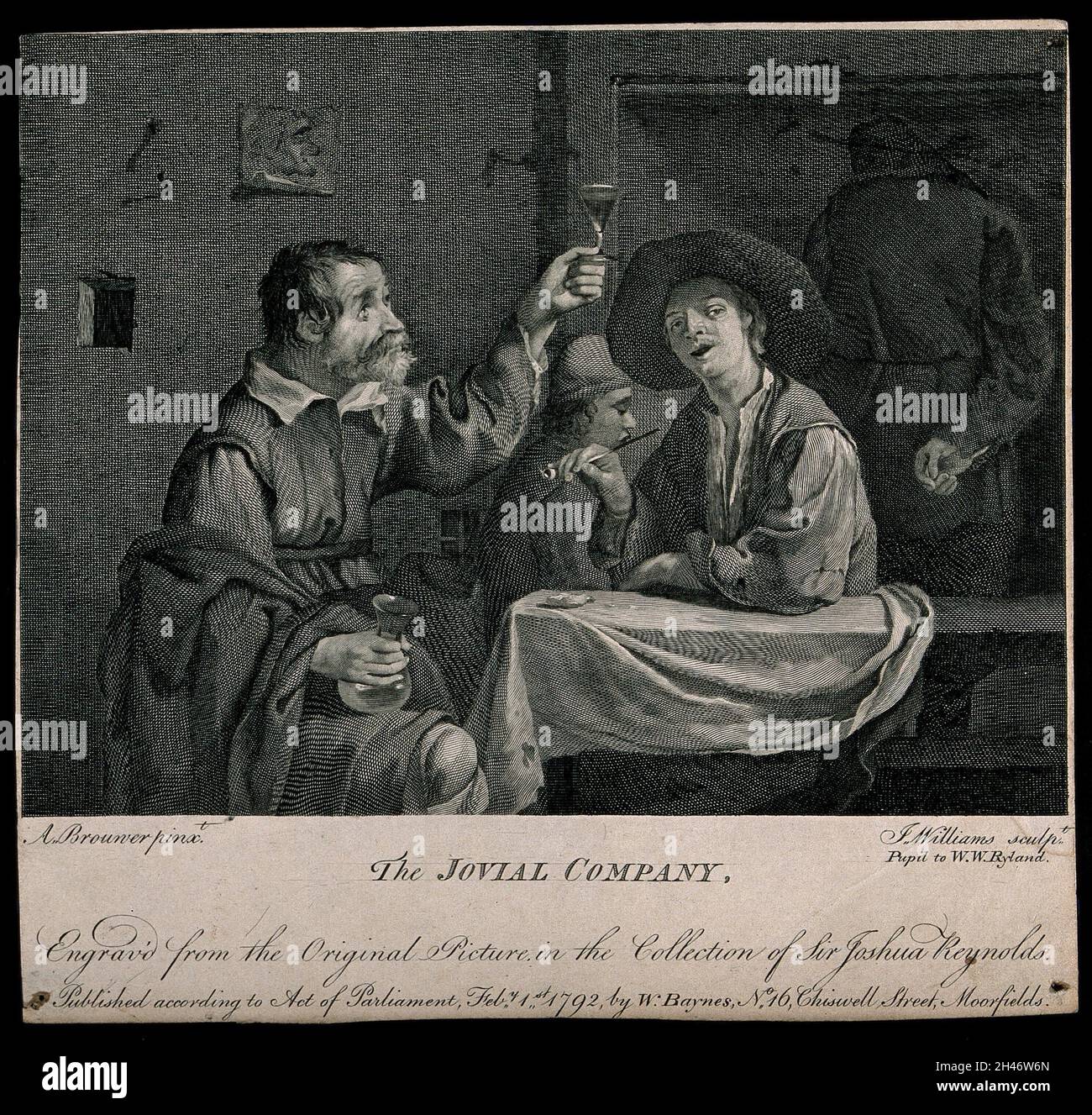 Zwei Männer sitzen trinkend und rauchend an einem Tisch in einer Taverne. Stich von J. Williams, c. 1792, nach A. Brouwer. Stockfoto Zwei Männer sitzen trinkend und rauchend an einem Tisch in einer Taverne. Stich von J. Williams, c. 1792, nach A. Brouwer. Stockfoto