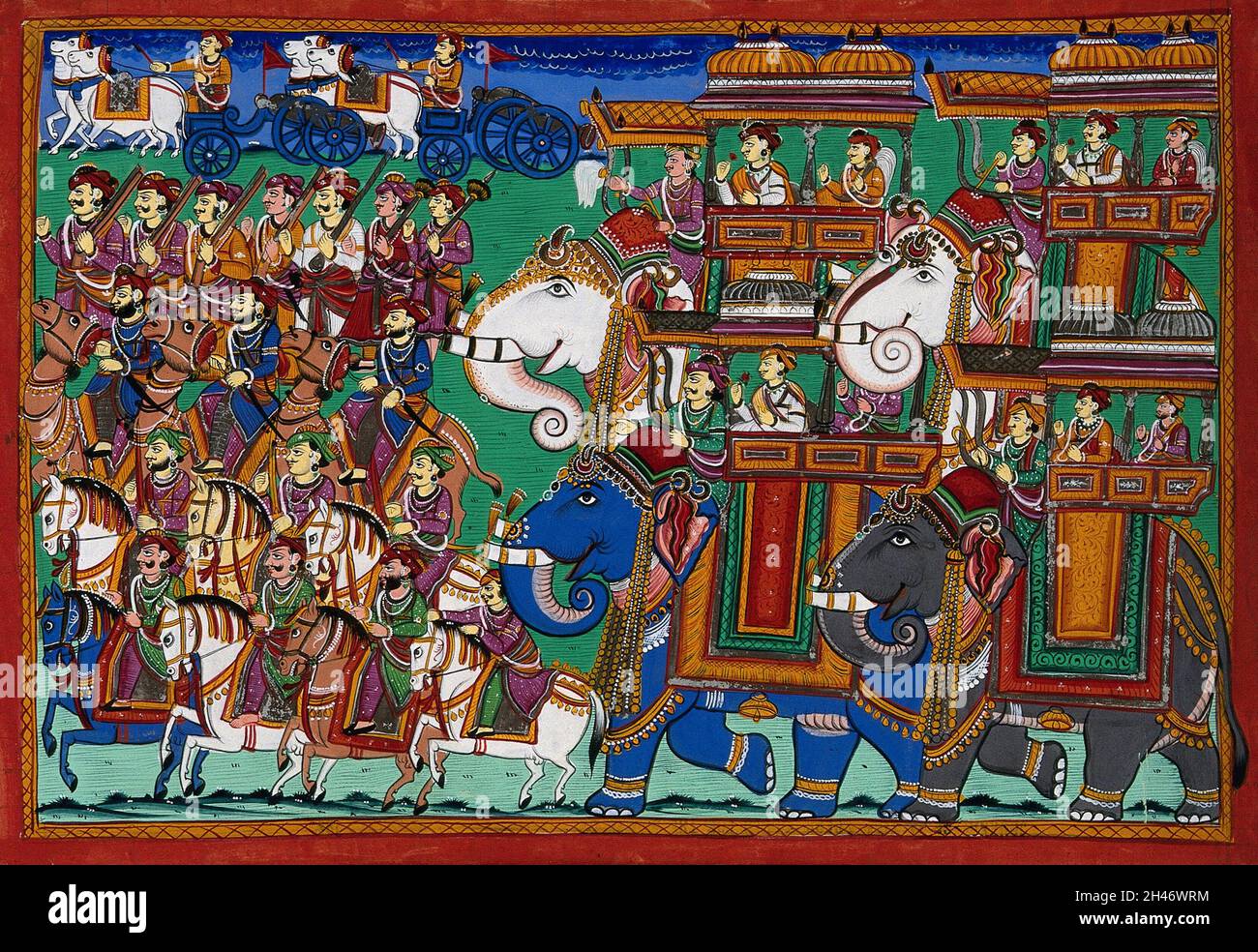 Eine indische Militärprozession mit Kamelen, Elefanten und Pferden. Gouache-Zeichnung. Stockfoto