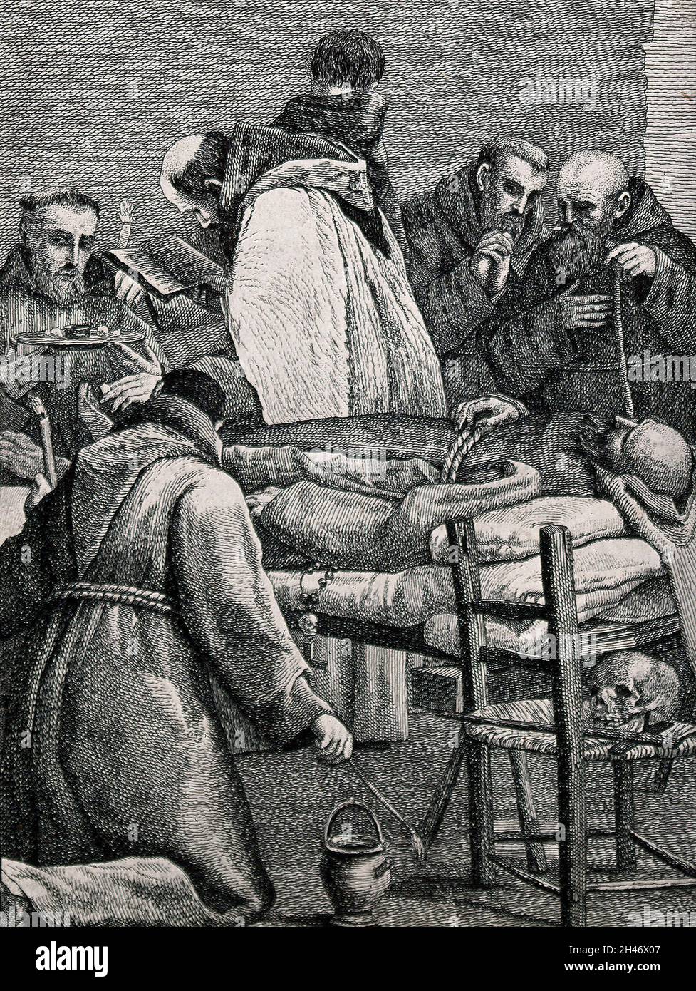 Die letzten Riten, die am Sterbebett eines sterbenden Mönchs verabreicht werden. Radierung von J.A. Riedel, 1754, nach G.M. Crespi. Stockfoto