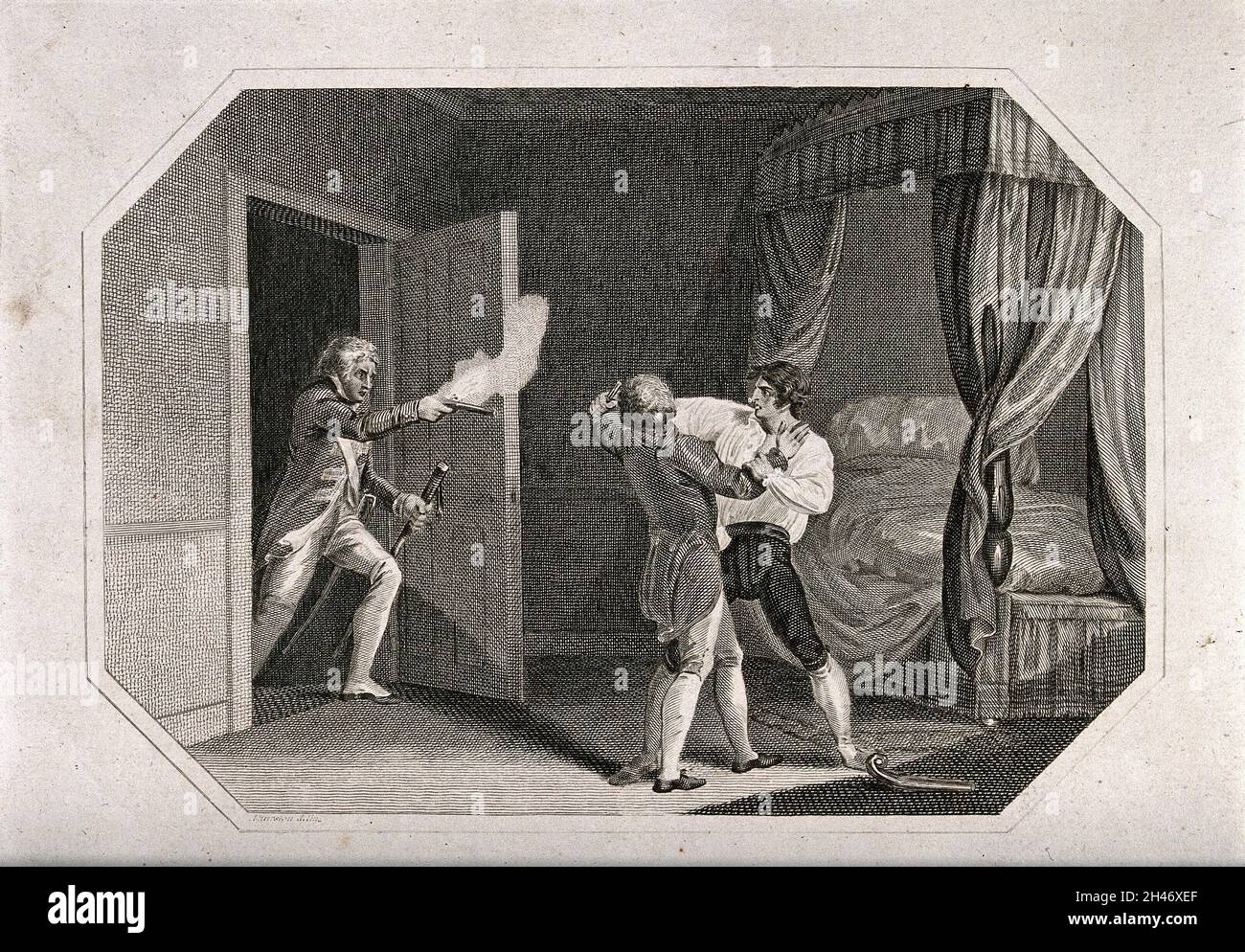 Zwei Männer, die Lord Edward Fitzgerald wegen Hochverrats mit Waffengewalt in seiner Schlafkammer festnehmen. Liniengravur mit Radierung. Stockfoto