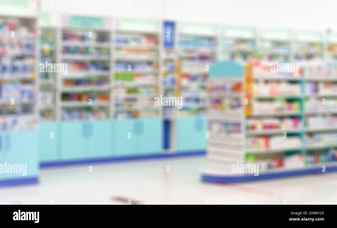 Pharmazie-Hintergrund. Blur Zähler der Apotheke mit Medikamenten, Tabletten und Pillen. Hochwertige Fotos Stockfoto