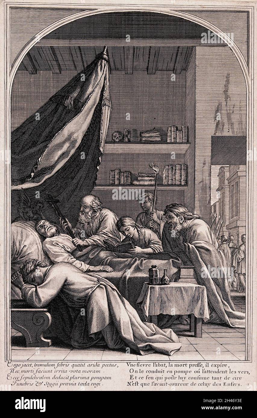 Ein sterbender Mann im Bett ist von einer Gruppe von Menschen umgeben, die für ihn beten. Ätzen. Stockfoto