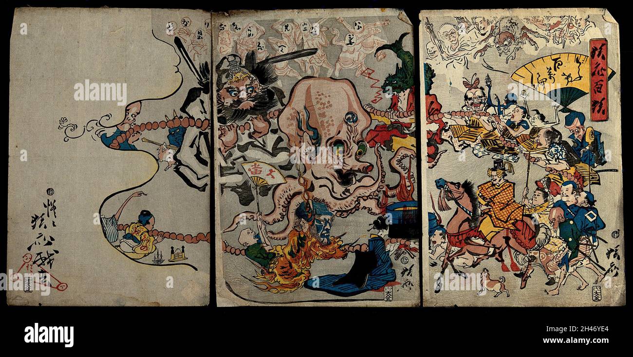 Ein großer Oktopus ist von einem riesigen Rosenkranz umgeben, der von verschiedenen bizarren Kreaturen gehalten wird. Farbholzschnitt von Kyōsai, 1864. Stockfoto