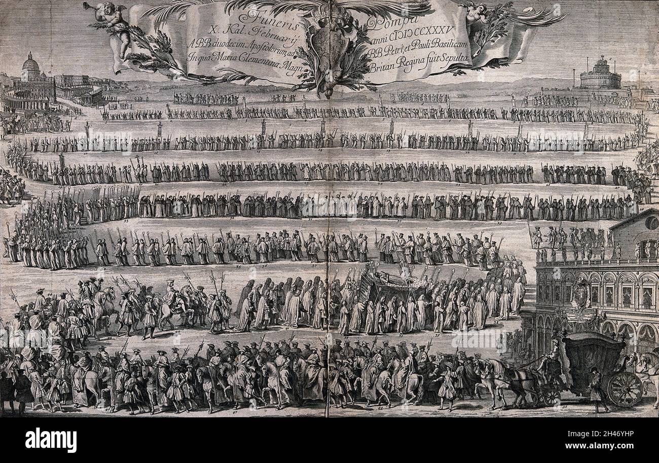 Die Trauerprozession der Prinzessin Maria Clementina im Jahr 1735. Strichgravur mit Radierung von Rocco Pozzi nach G.P. Panini. Stockfoto