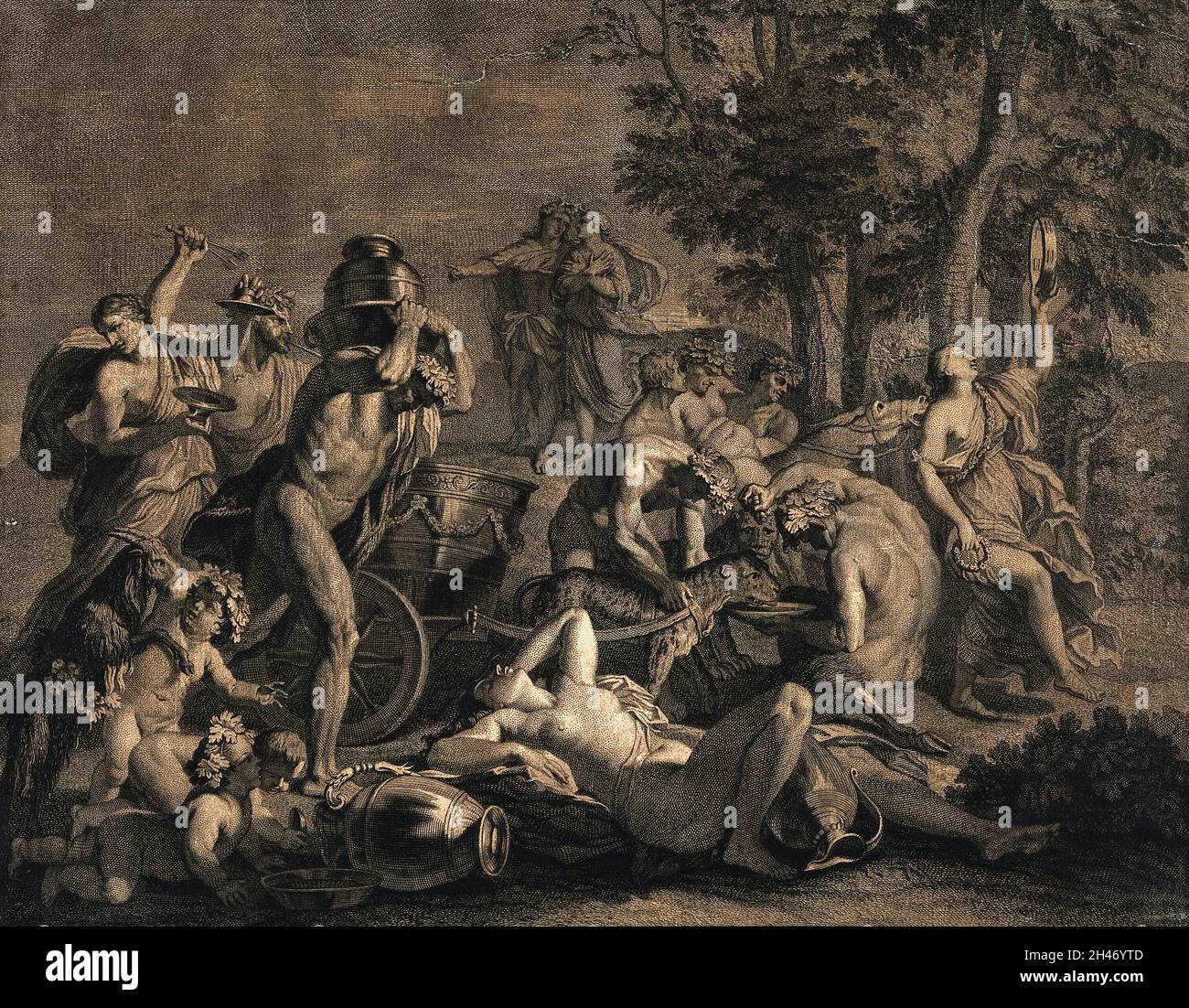 Eine bacchanische Versammlung mit Leoparden, die einen Wagen ziehen und Silenus (?) Auf einem Esel. Gravur von N.D. Beauvais nach L. Cheron. Stockfoto