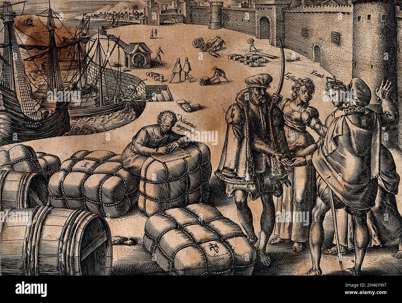 Ein Hafen, in dem Ballen von Waren zwischen zwei Kaufleuten gehandelt werden: Falschheit und Betrug regeln die Transaktion, unterstützt von einem ungeschulten Angestellten; sie repräsentieren die betrügerische Anwendung des Handelsrechts. Stich von H. Goltzius. Stockfoto