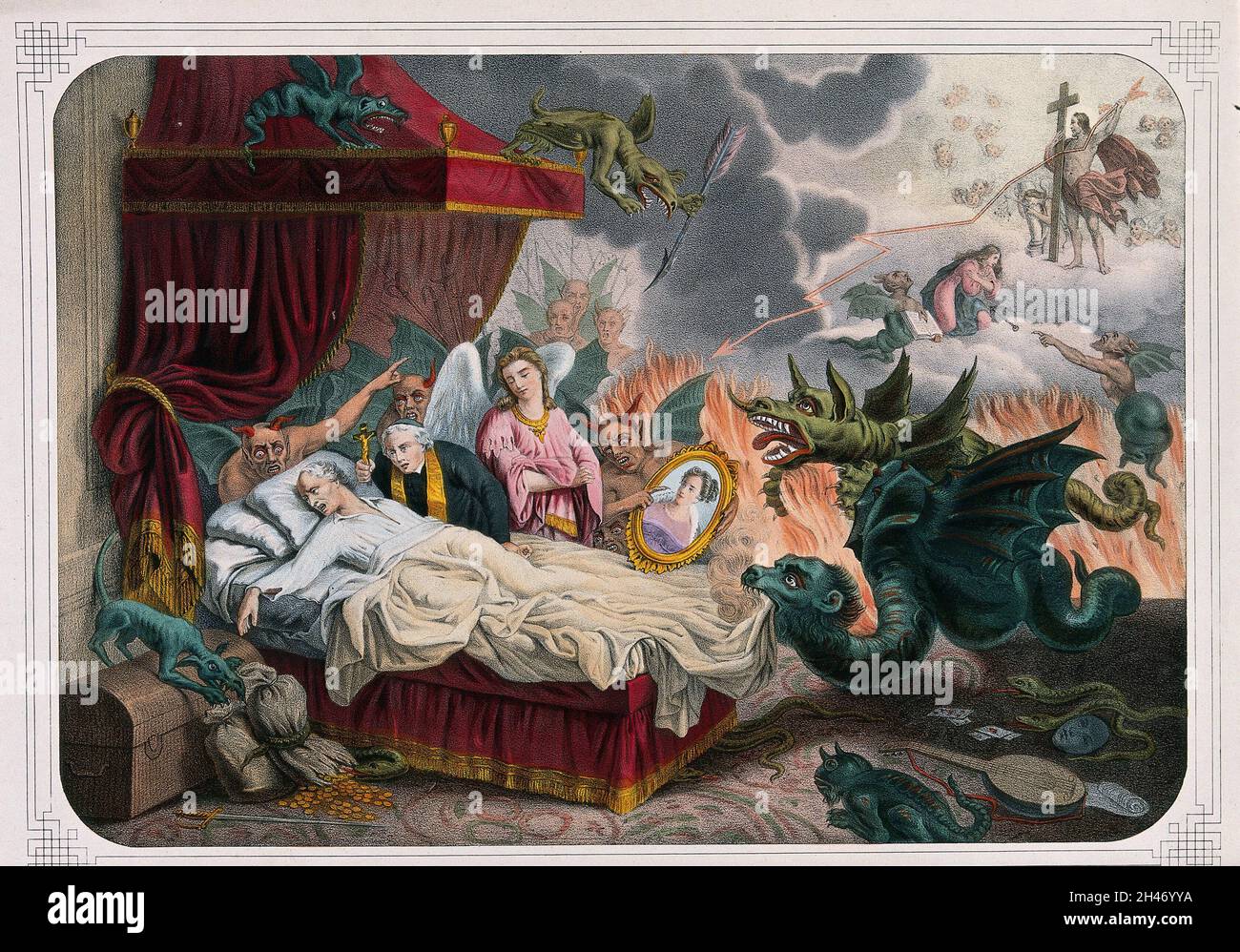 Auf seinem Sterbebett versuchen ein Priester und verschiedene Monster, den Sünder zur Buße zu bewegen. Farblithographie. Stockfoto