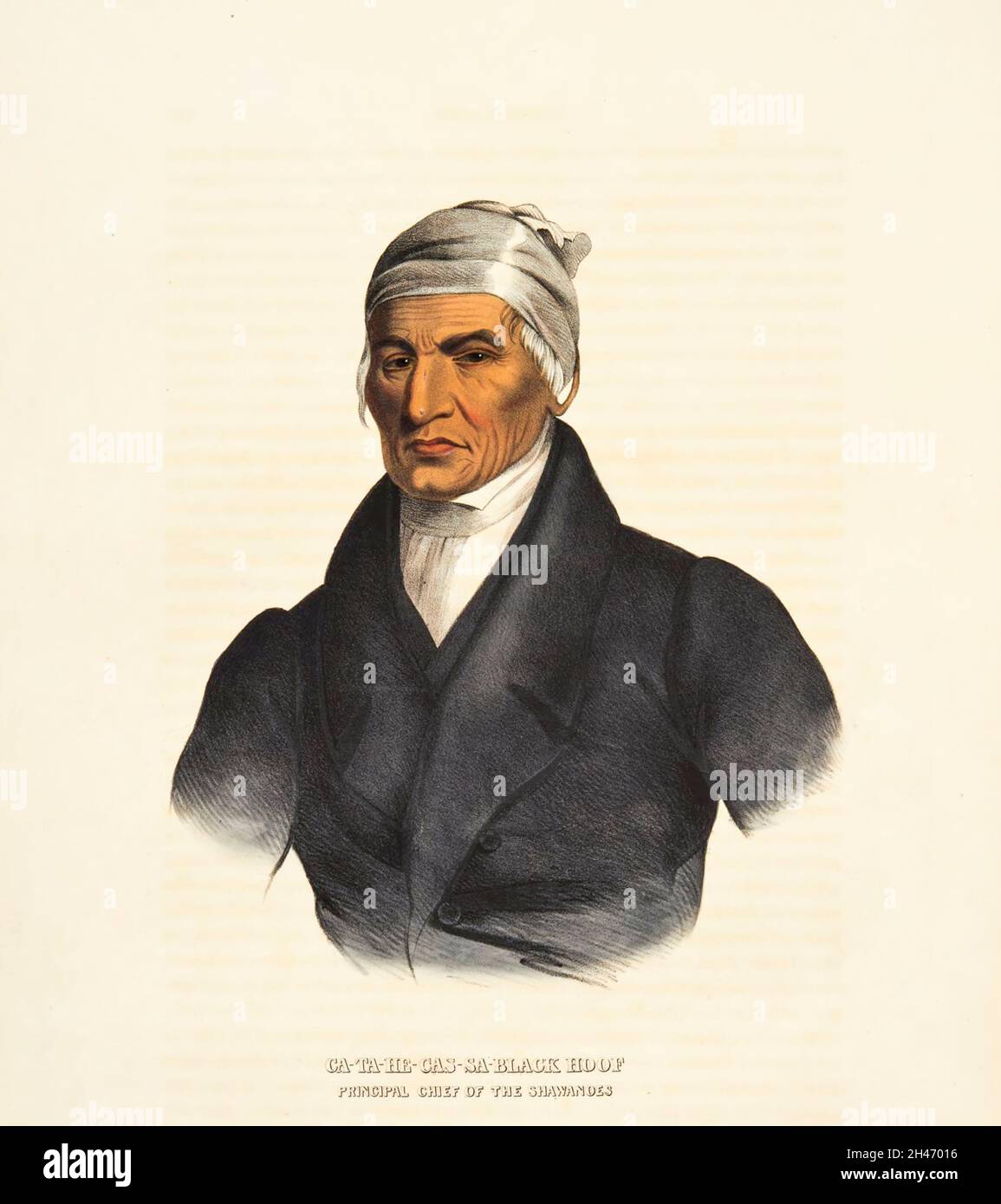 Catecahassa oder Black Hof (c. 1740-1831) war der Oberbürgerchef der Shawnee-Indianer im Ohio-Land der Vereinigten Staaten. Black Hoof, ein Mitglied der Mekoche-Division der Shawnees, wurde während der frühen Kriege zwischen den Shawnee und den eindringenden amerikanischen Siedlern als ein heftiger Krieger bekannt. Black Hoof behauptete, bei der Schlacht am Monongahela im Jahr 1755 anwesend gewesen zu sein, als General Edward Braddock während des Französisch- und Indischen Krieges besiegt wurde, obwohl es keine zeitgenössischen Beweise dafür gibt, dass Shawnees an dieser Schlacht teilgenommen hat Stockfoto