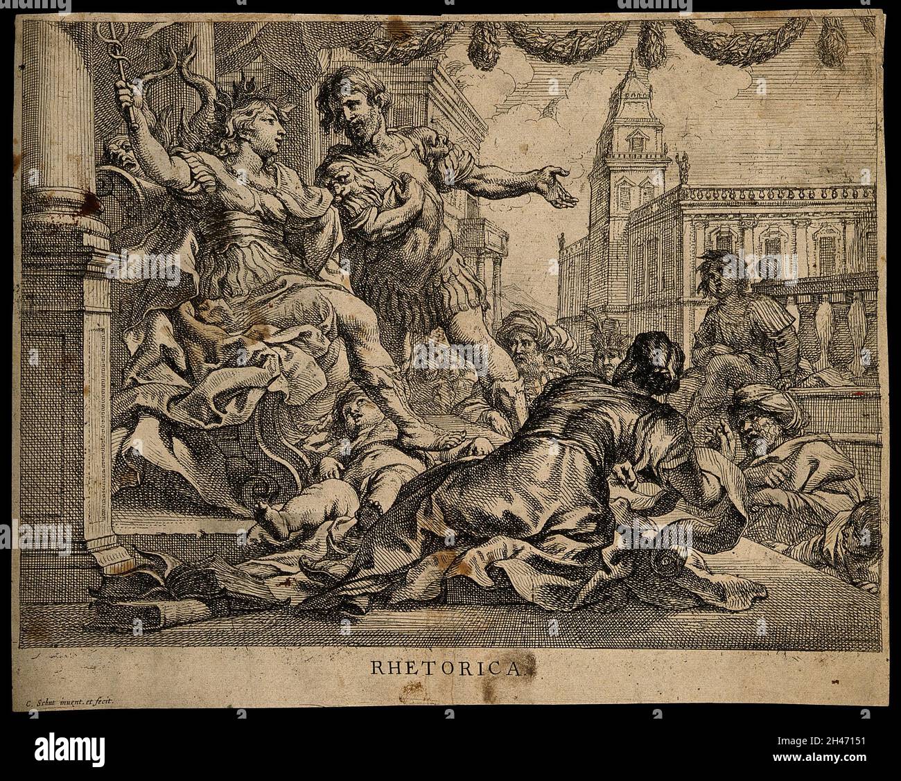 Ein männlicher und weiblicher Kriegerstreit über ein darunter liegendes Kind, das Rhetorik darstellt. Radierung von C. Schut. Stockfoto Ein männlicher und weiblicher Kriegerstreit über ein darunter liegendes Kind, das Rhetorik darstellt. Radierung von C. Schut. Stockfoto