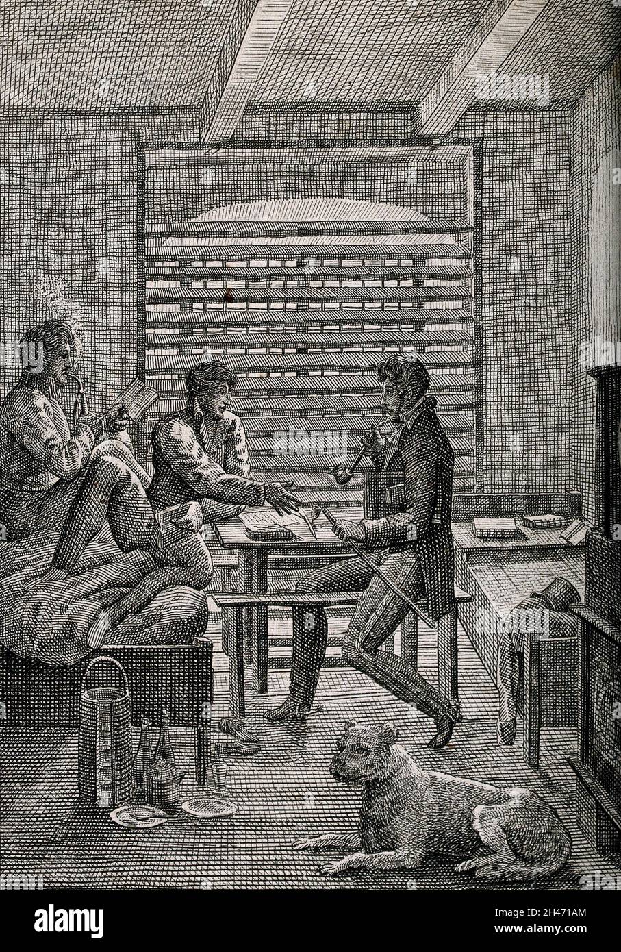 Drei junge Männer rauchen und lesen in ihrem Zimmer. Gravur, Mitte des 19. Jahrhunderts. Stockfoto Drei junge Männer rauchen und lesen in ihrem Zimmer. Gravur, Mitte des 19. Jahrhunderts. Stockfoto