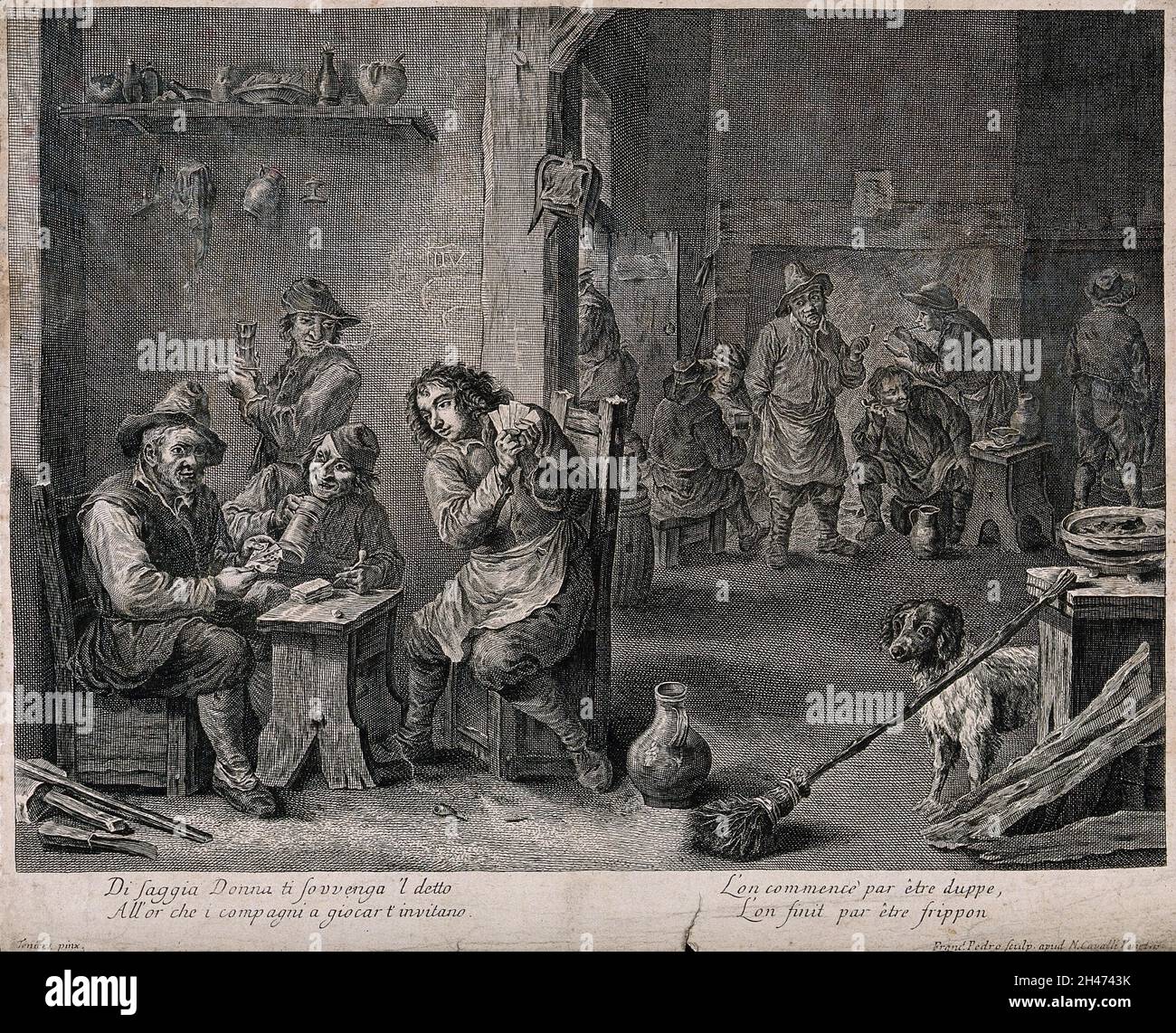 Das Innere einer schmuddeligen Rauchhöhle, in der Gruppen von Männern rauchen, trinken und Karten spielen. Stich von F. del Pedro, 18. Jahrhundert, nach einem Gemälde von D. Teniers, dem Jüngeren. Stockfoto Das Innere einer schmuddeligen Rauchhöhle, in der Gruppen von Männern rauchen, trinken und Karten spielen. Stich von F. del Pedro, 18. Jahrhundert, nach einem Gemälde von D. Teniers, dem Jüngeren. Stockfoto