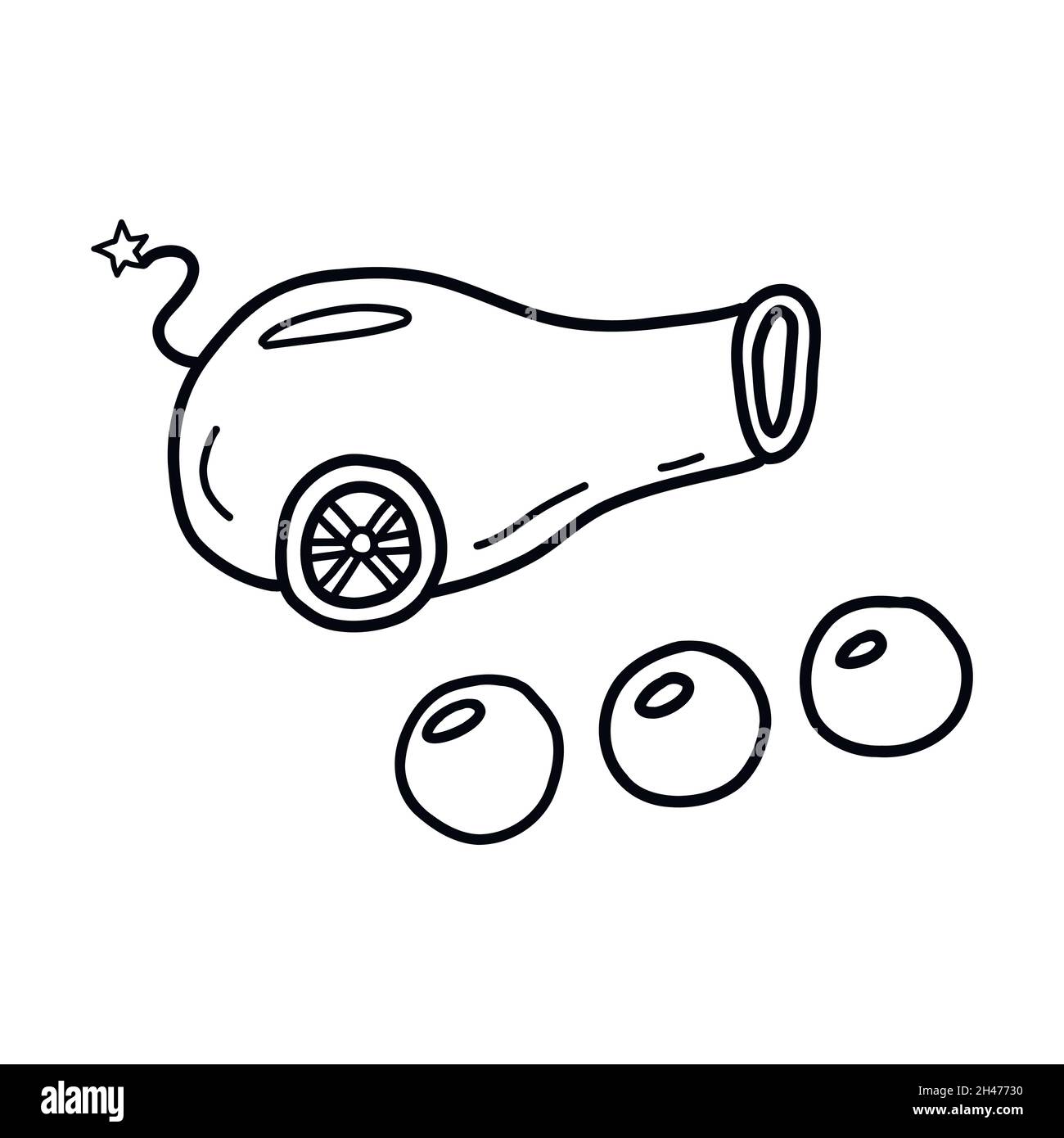 Kanone mit Muscheln. Alte Waffe mit Kanonenkugeln zu schießen. Schwarz-Weiß-Vektor isolierte Illustration handgezeichnete Doodle Stock Vektor
