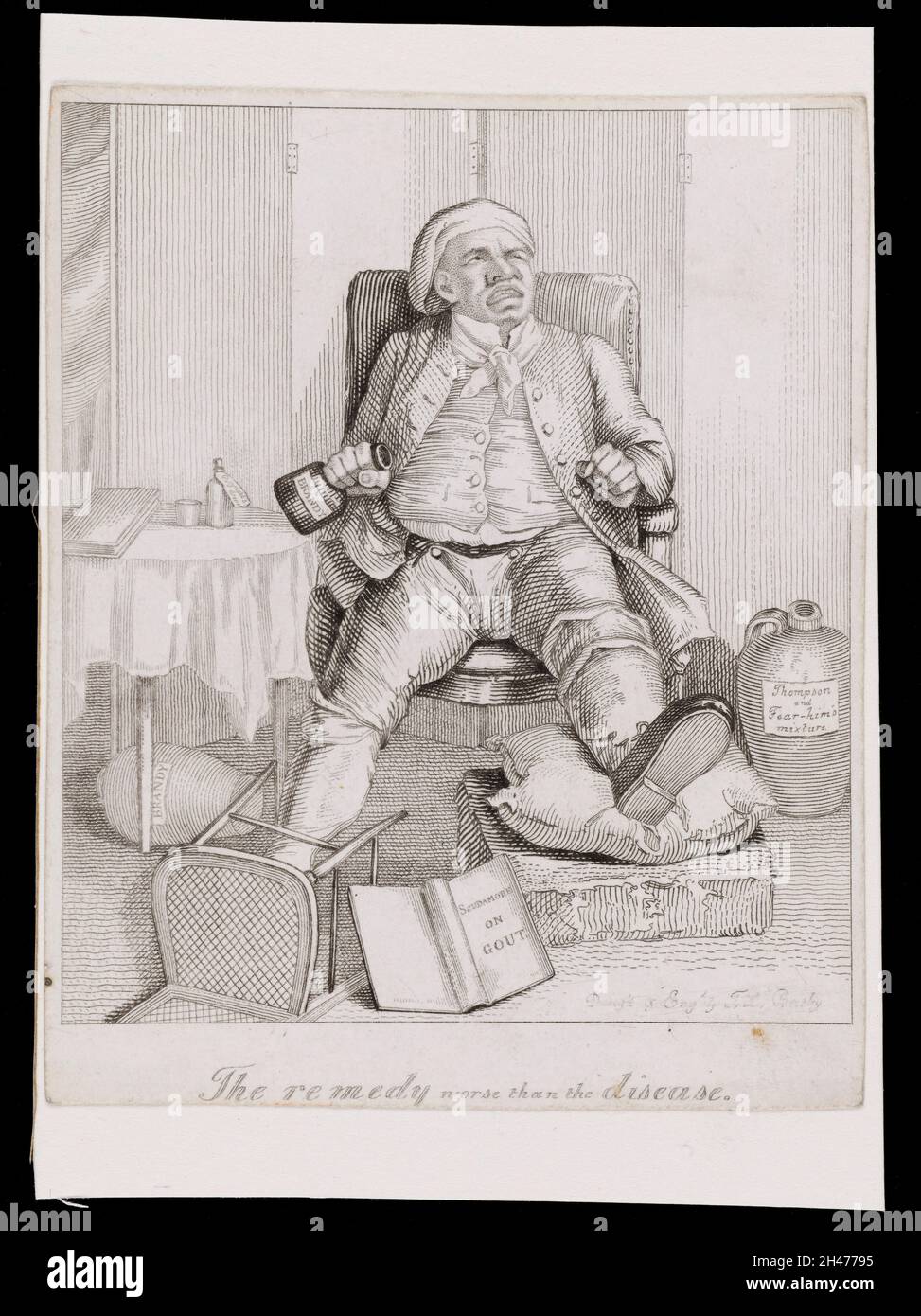 Ein Mann mit Gicht, der die Heilmittel schlimmer findet als die Krankheit. Radierung von T.L. Busby, 182-. Stockfoto