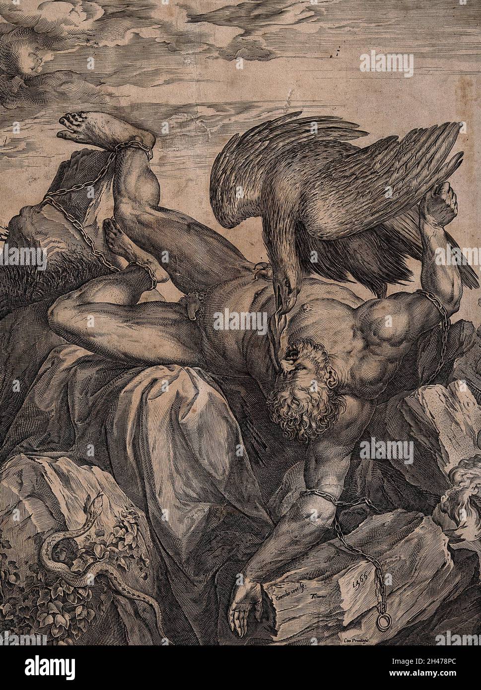 Prometheus an einen Felsen gebunden, seine Leber von einem Adler gefressen. Stich von C. Cort, 1566. Stockfoto