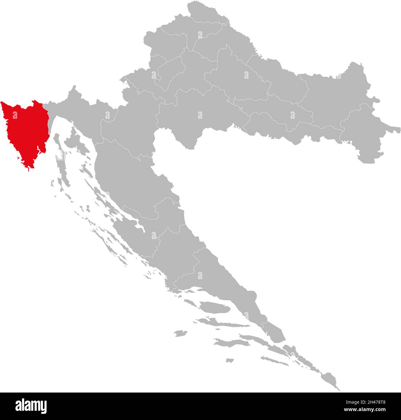 Istrien County auf Kroatien Karte hervorgehoben. Hellgrauer Hintergrund. Geschäftskonzepte und -Hintergründe. Stock Vektor