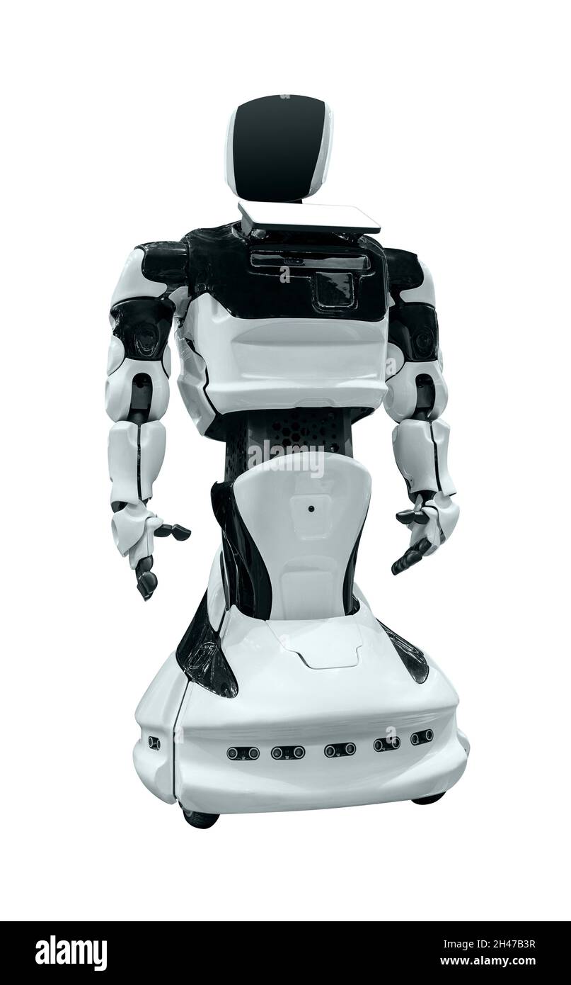Promotion-Roboter mit Touchscreen isoliert auf weißem Hintergrund Stockfoto