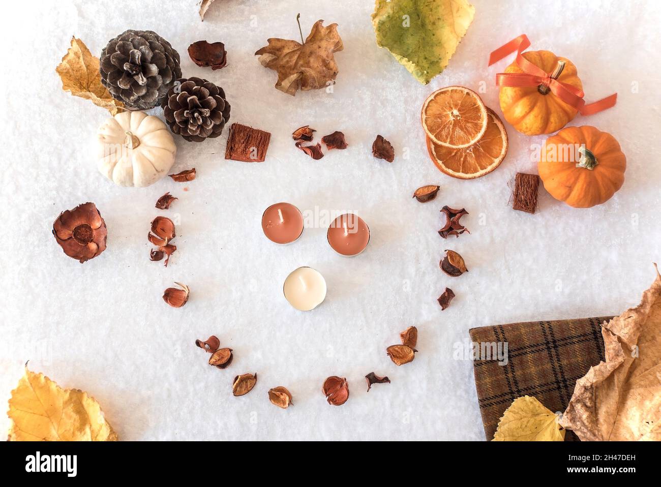 Herbstschmuck auf weißem Hintergrund, saisonale Farben, über Aussichtspunkt Fotografie Stockfoto