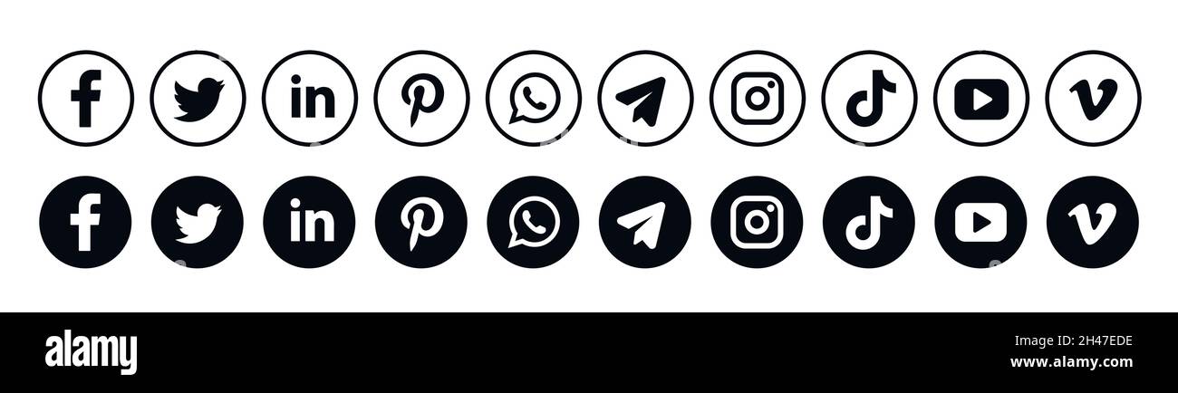 Runde Social-Media-Logos: Facebook, TikTok, instagram, twitter, youtube, Telegramm, linkedin, snapchat, Periscope, Vimeo. Stock Vektor