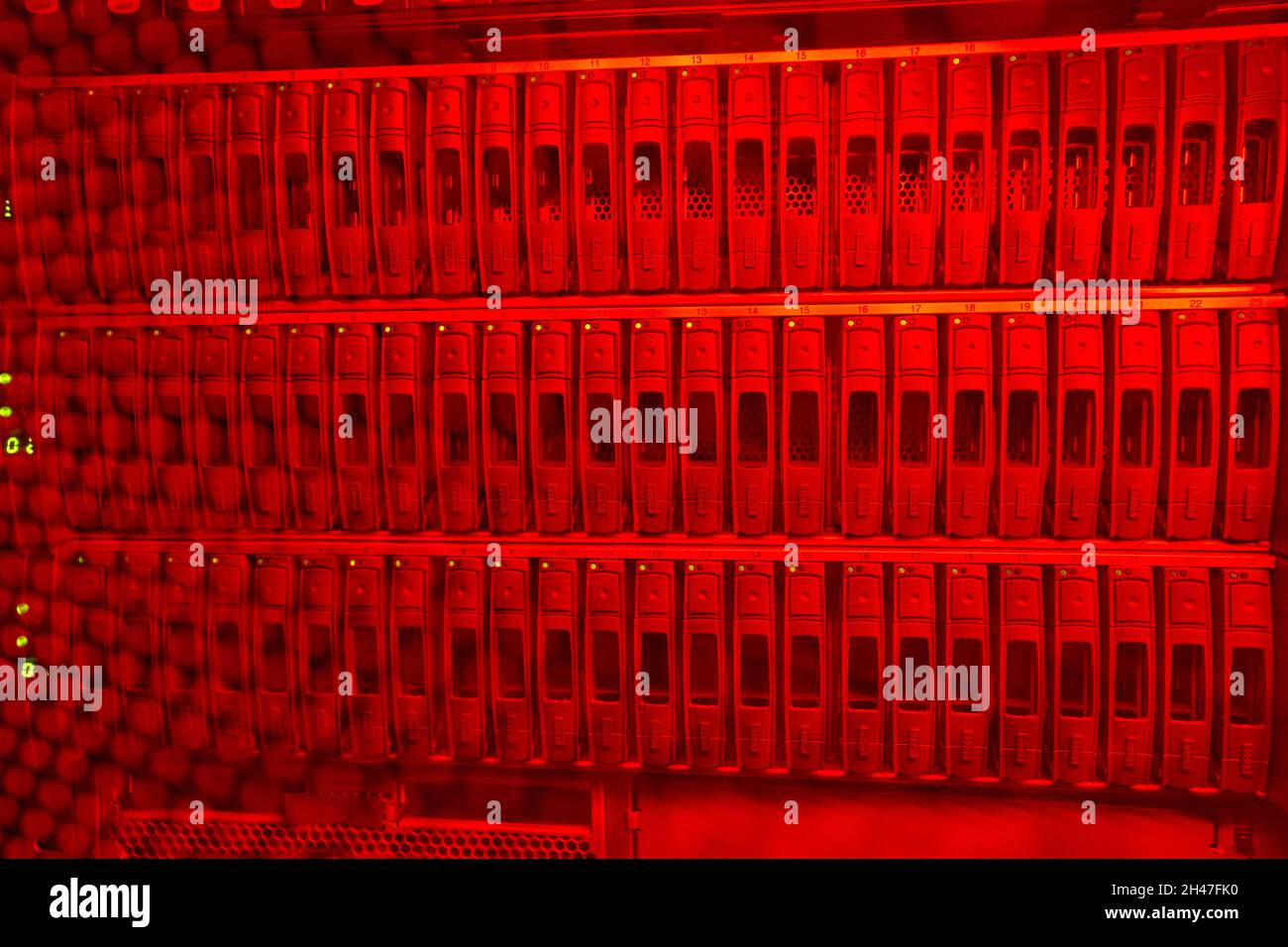 Foto der Festplattenreihe im Rechenzentrum Stockfoto