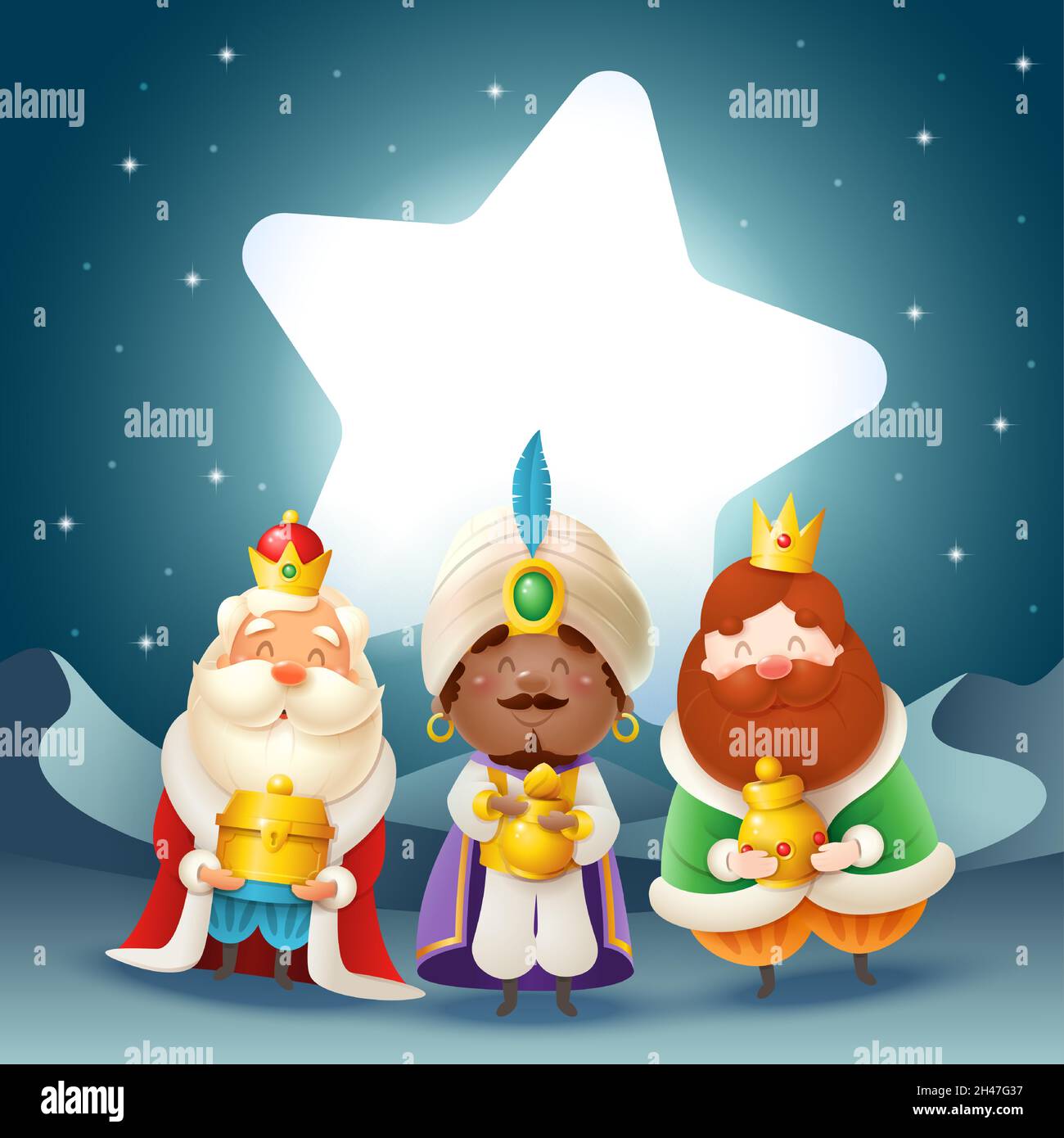 Drei Könige mit Geschenken feiern Epiphanie vor Star - Night Szene Stock Vektor