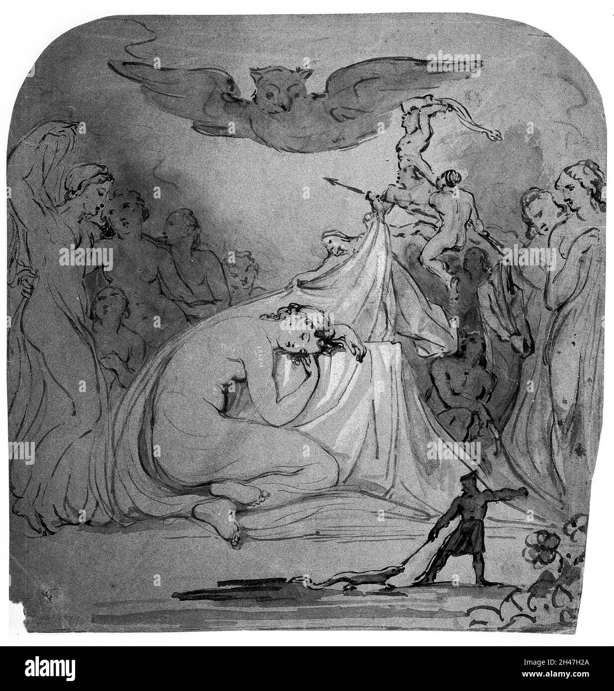 Ein Traum: Eine Eule fliegt über dem Himmel, während große und kleine Figuren dastehen. Zeichnung, die Thomas Uwins zugeschrieben wird. Stockfoto