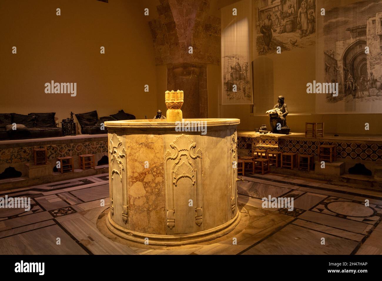 Das Innere des wiederhergestellten türkischen Hamam al Pascha [al-Basha] Bades aus dem 18. Jahrhundert in Acre, Israel Stockfoto