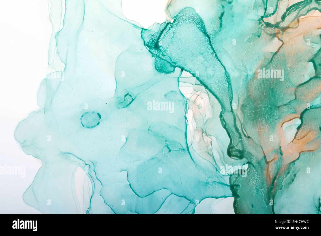 Aquarell-Alkoholtinte wirbelt. Transparente Wellen in türkisgrünen Farben. Zarte Pastellflecken Stockfoto